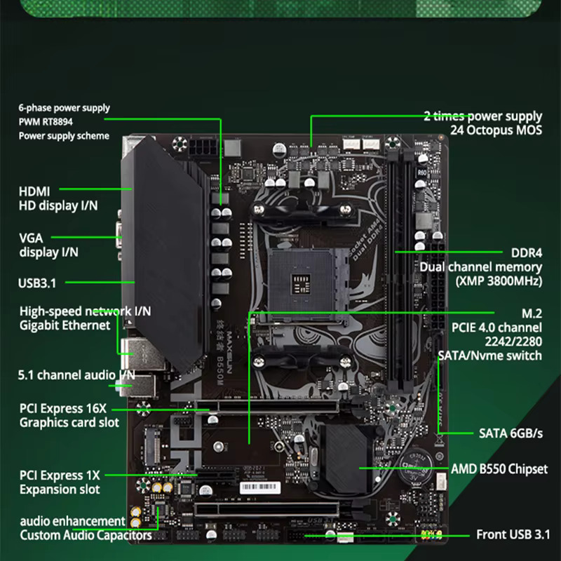 MAXSUN B550M with Ryzen 7 5700X CPU Memory DDR4 32GB (16GB*2) 3200MHz Motherboard Kit Desktop Computer Gaming AMD Mainboard Set