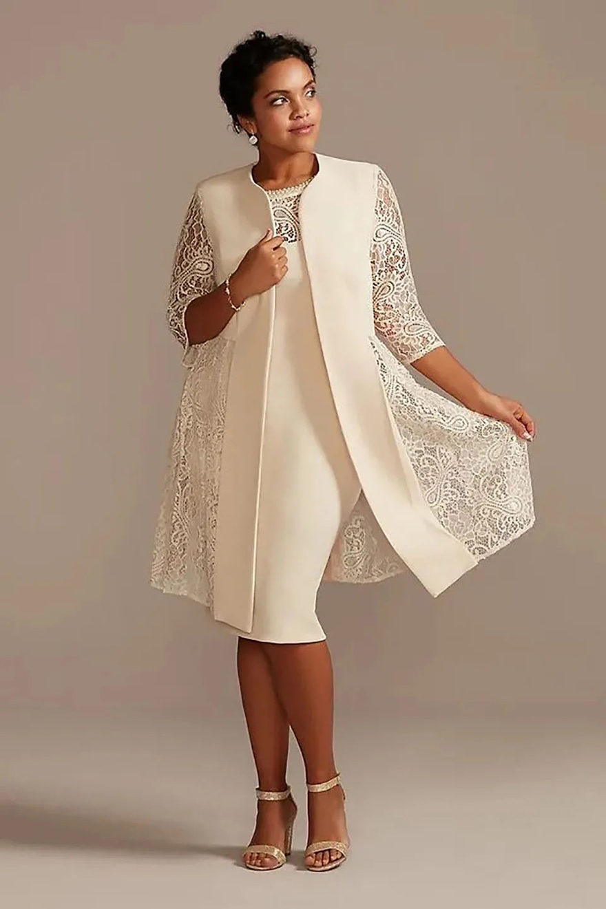 Mother's Dresses Ivory Mother Of The Bride Scoop Knee-Length Plus Size Custom Zipper Up New Formal Straight Satin Lace With Jacket 3/4 Long Sleev