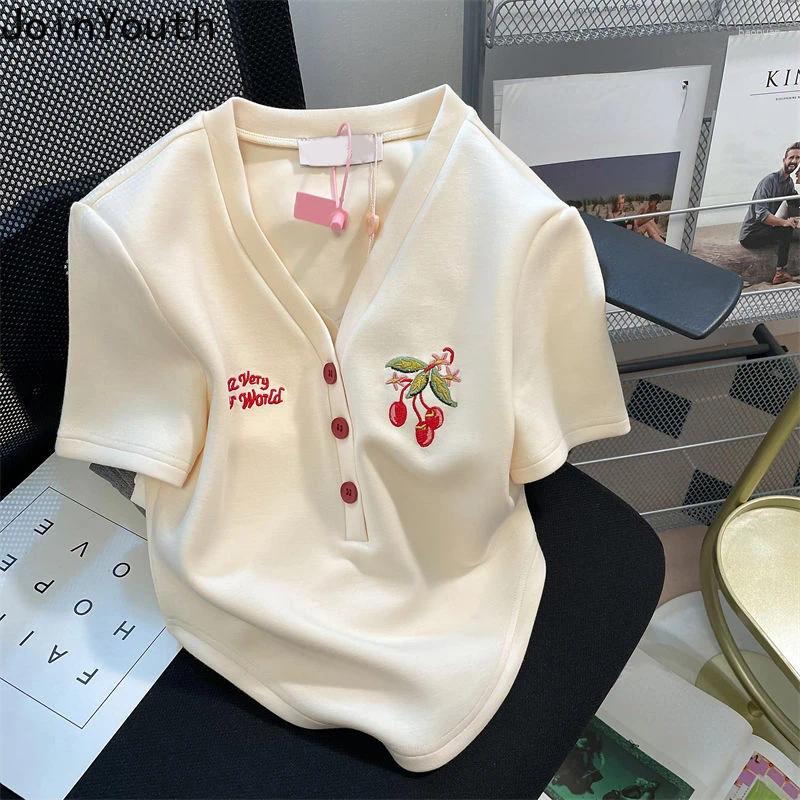 Women's T Shirts Woman V-neck Letter Cherry Embroidery Summer Tees Short Sleeve Bottoms Casual Vintage Tops Chic Oversized Tshirt