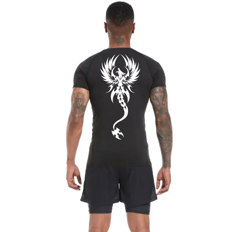 Muscle Training Quick Drying T-Shirt Y2K Dragon Print Compression T-Shirt Sports Workout Men Running Fitness Short Sleeve S-3XL 250211