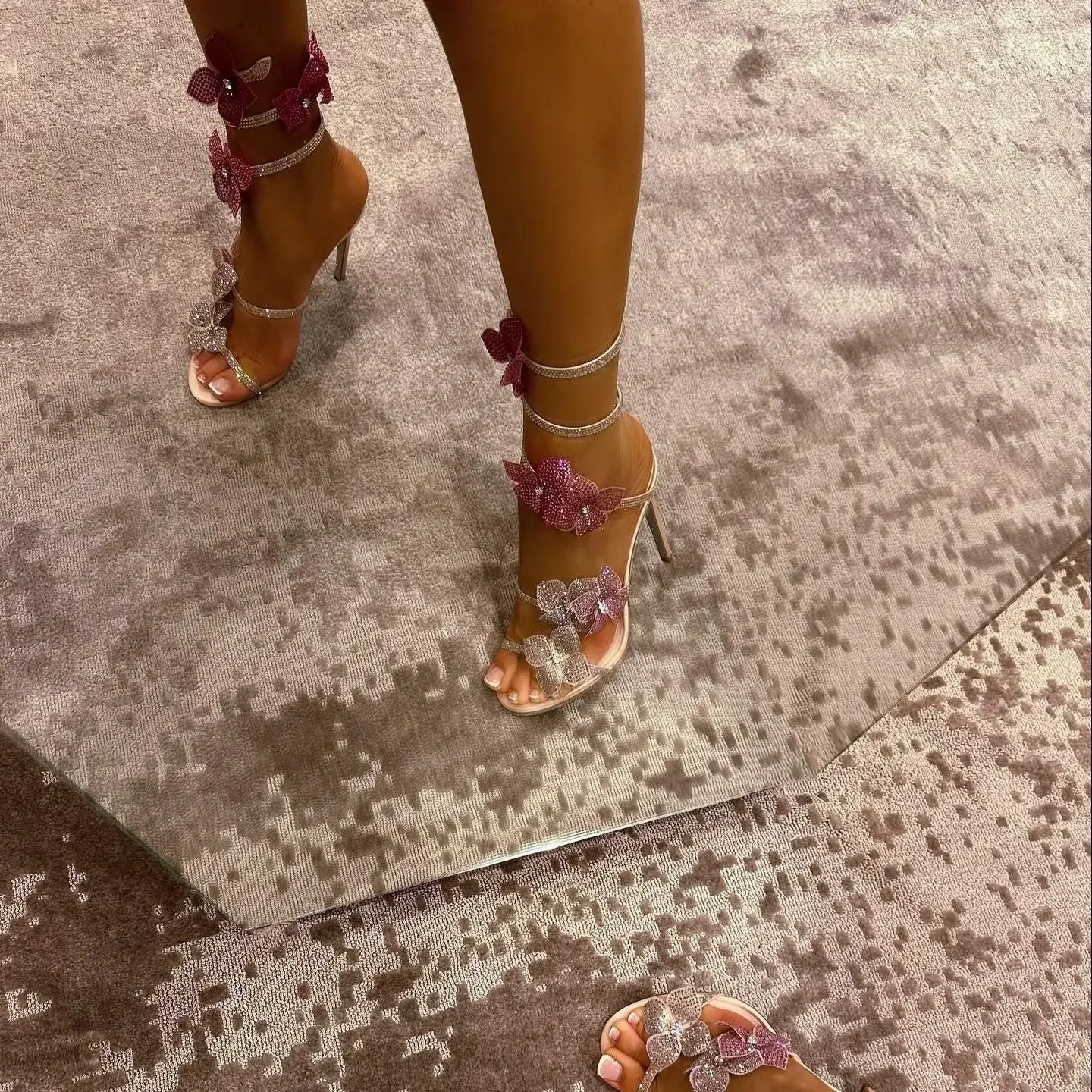 CHMURY Pink Flower High Heels Sandals Shoes Sexy Rose Red with Wrap Strap for Women Prom Party 2024 250118