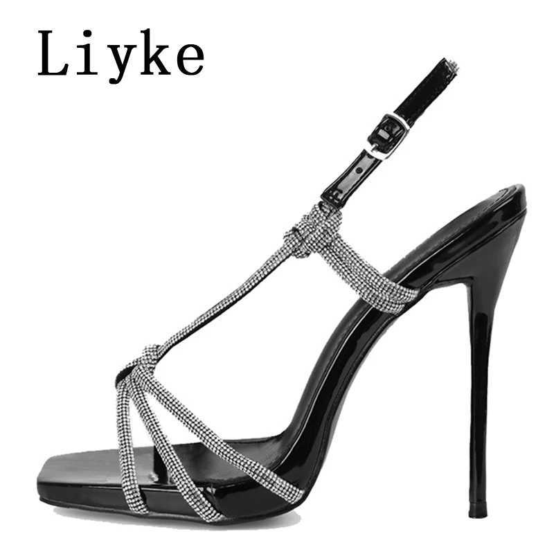 Liyke Sexy Golden Crystal Back Buckle Strap Sandals Women Summer Party Nightclub Stripper Heels Glitter Rhinestones Ladies Shoes Z250211