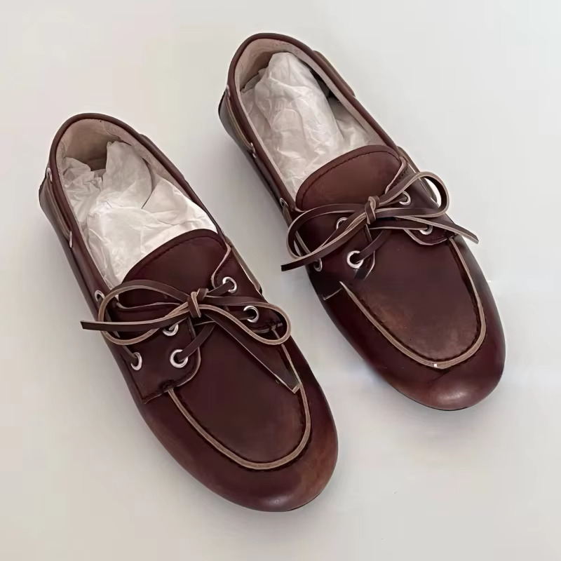 2024 Autumn And Winter New Bow Shallow Mouth Saig Women's Casual Retro Brown Lace-Up Loafers Flat Shoes 250221
