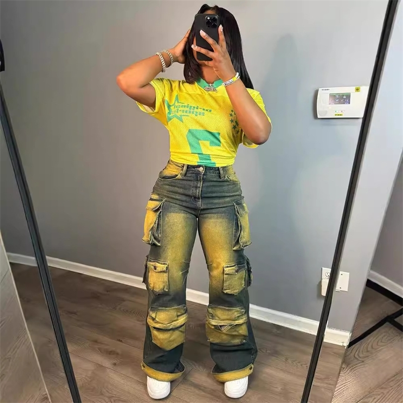 Womens Straight Leg Jeans Trendy And Personalized Multi Pocket Hanging Dye High Waisted Work Pants