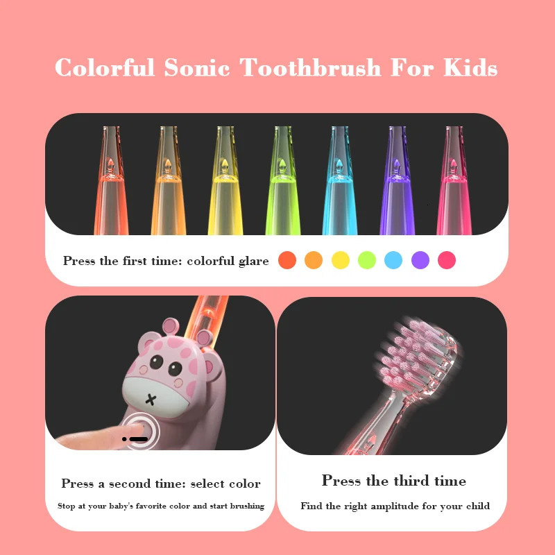 For 3-12 Ages Childrens Gift Sonic Electric Toothbrush Colorful LED Sonic Cute Kids Tooth Brush Smart Timer Brush Heads 250113