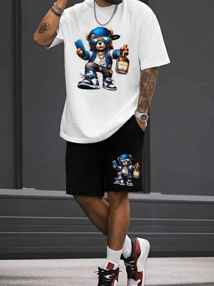 Luxury Teddy Bear Printed Mens T-shirt Set for Summer Casual Daily Mens Short sleeved Top Outdoor Street Mens Shorts W250211