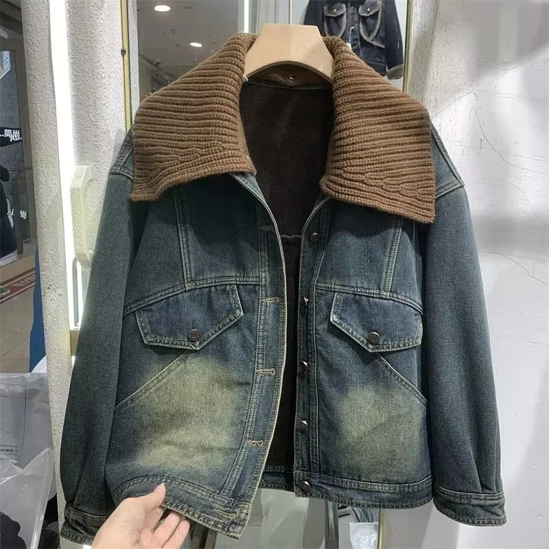 hoodie Autumn Winter New Denim Jacket Women Vintage Plus Veet Padded Cowboy Coat Short Knit Collar Outerwear Female jacket