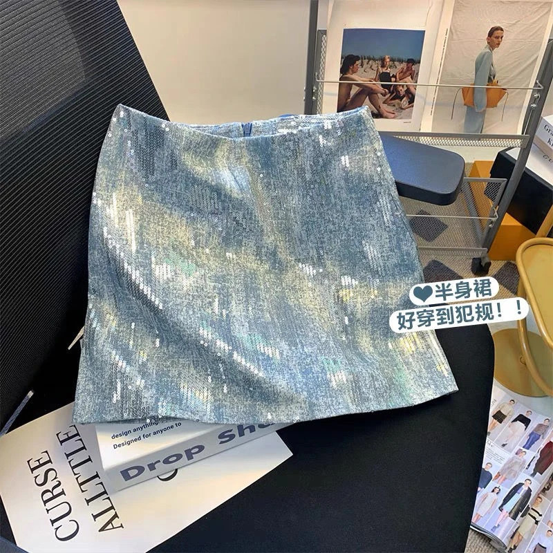 Blue Sequin Denim Skirt Jupe Femme Short Skirts for Women Korean Fashion Foldas Women Fashion Spring Summer Y2k Casual High 250211