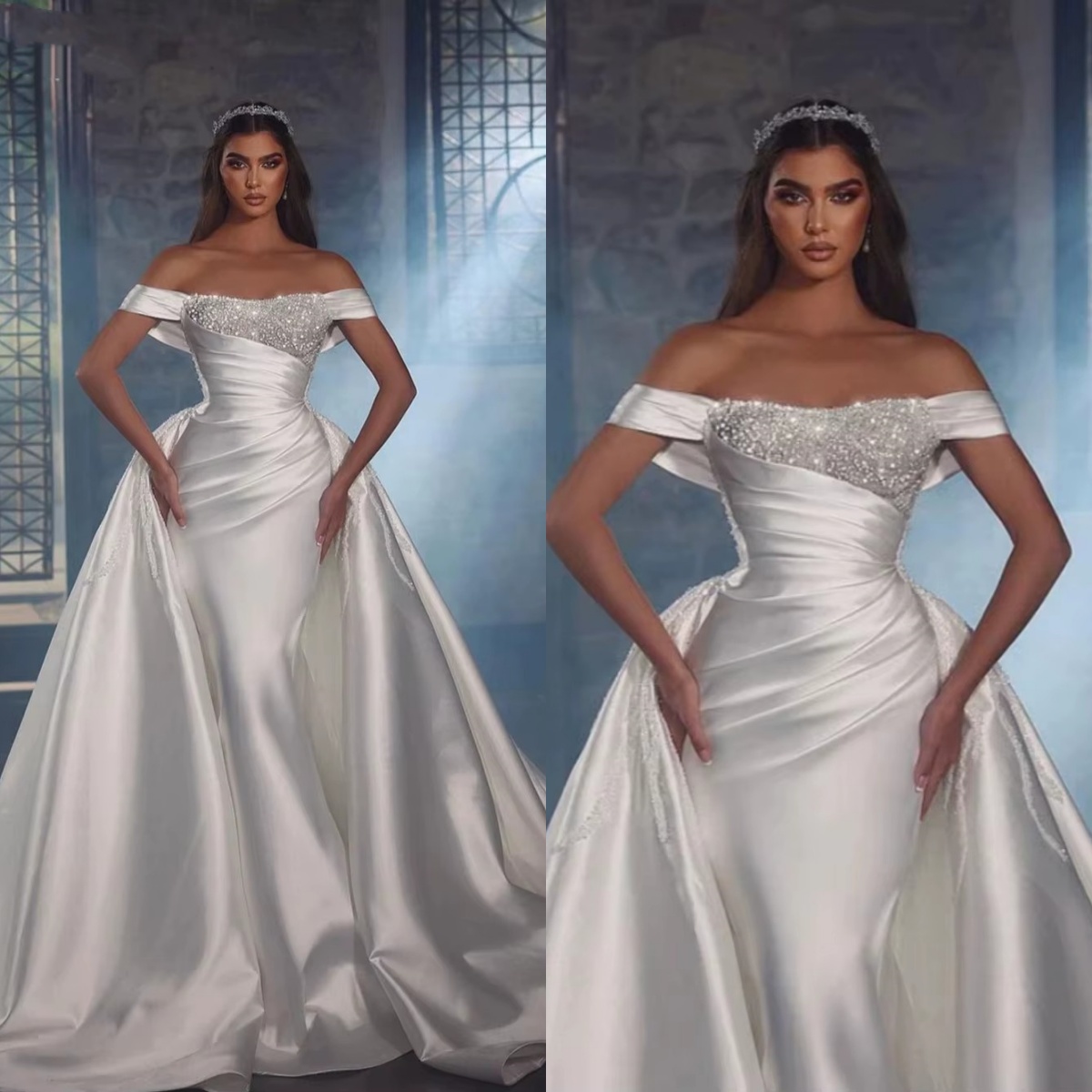 Simple Mermaid Wedding Dress Off Shoulder Sleeveless Bridal Gowns Sequins Pearls Detachable Train Dresses Custom Made vestidos de novia