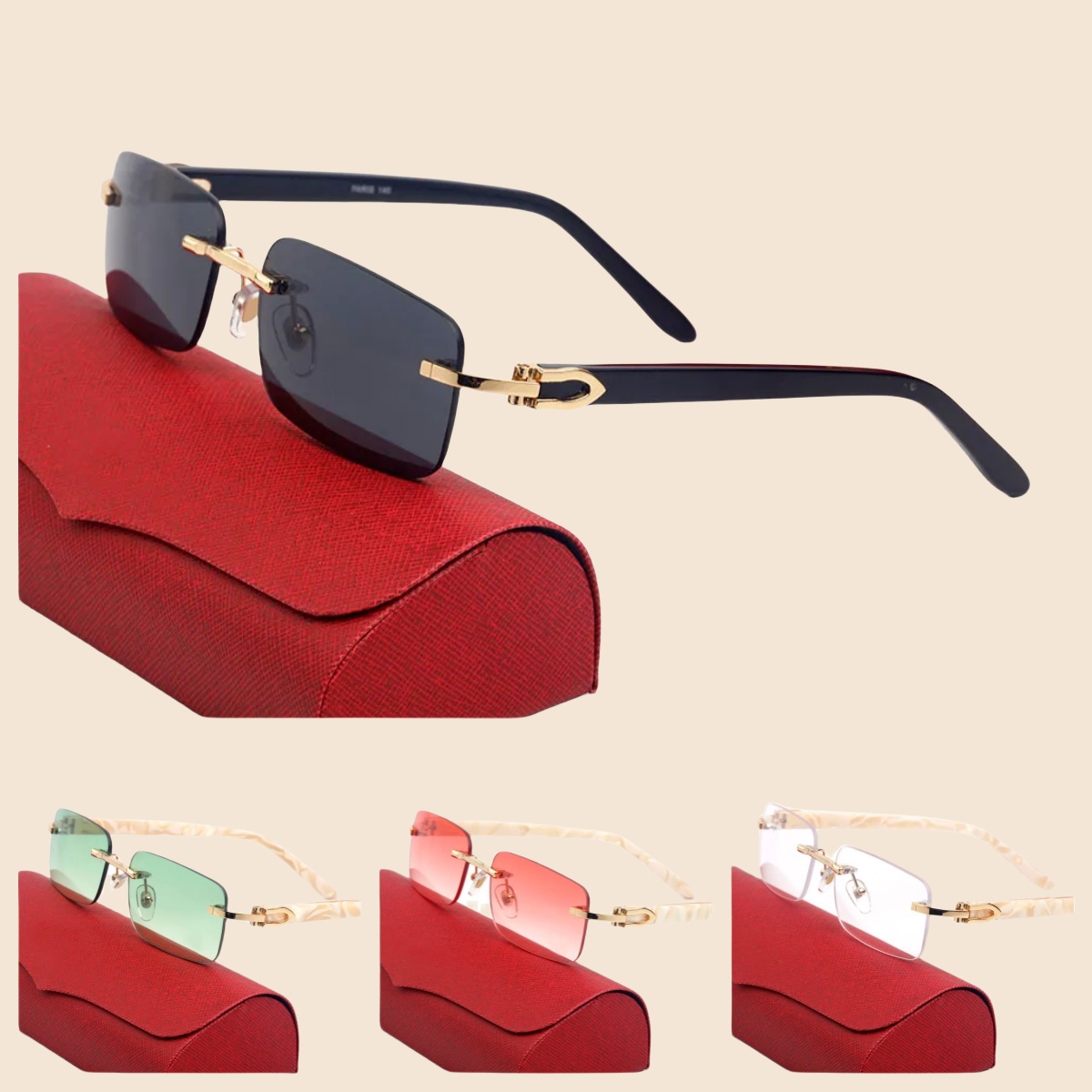 Trendy Unisex Rectangle Frameless Sunglasses Lightweight Design for Small Face, Wooden Temples & Red Box