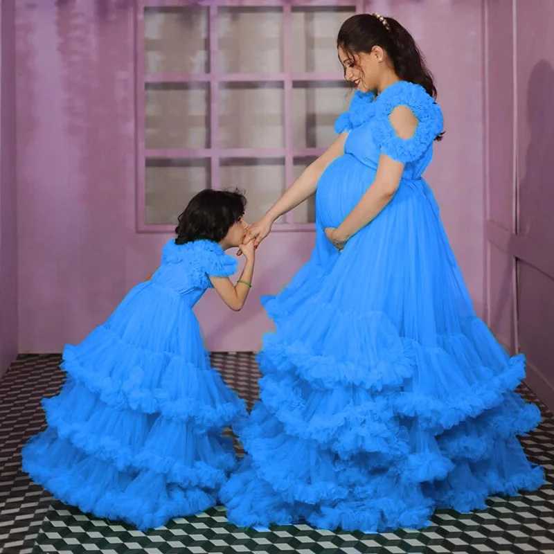 Maternity Dresses Puffy Mother And Daughter Tulle Prom Dresses Pretty Ruffles Tiered Mesh baby shower dresses for pregnant woman Pregnancy Dresses H25