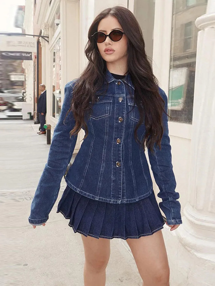 Retro Denim Jacket Pleated Skirt Womans Set Casual Loose Lapel Button Jackets High Waist Mini Skirts Sets Lady Chic Streetwear 250211