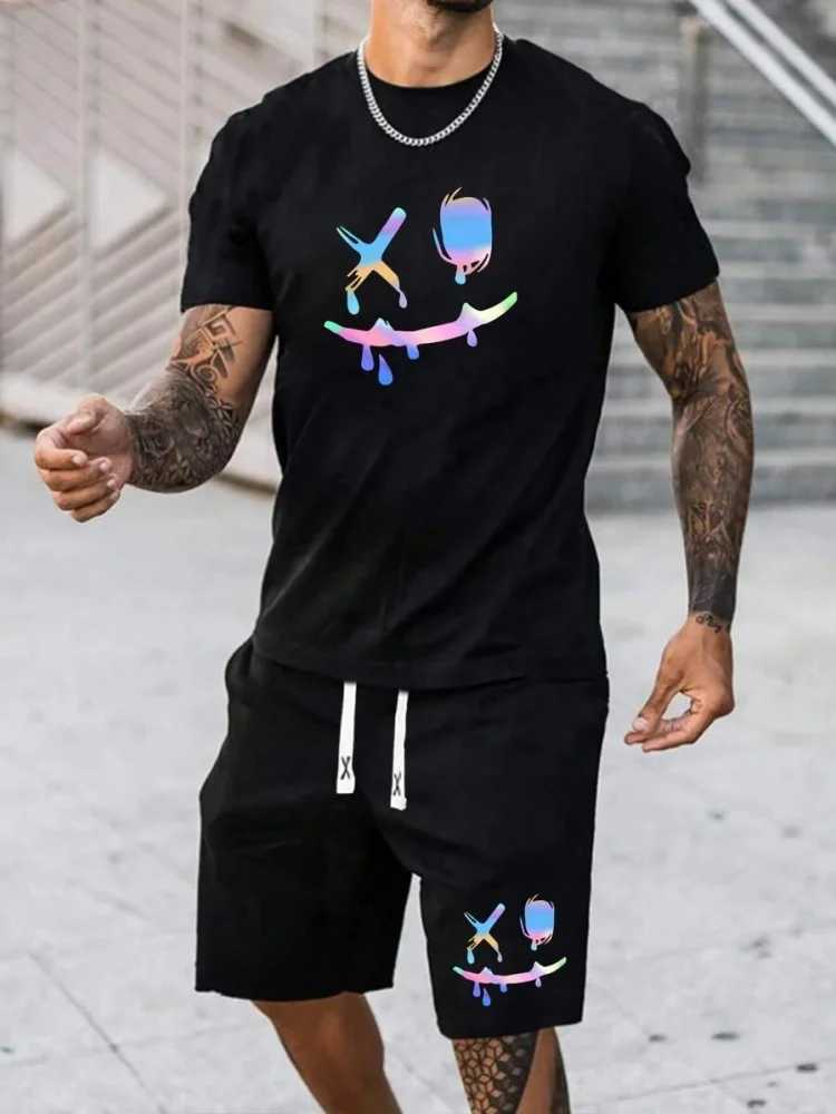 Mens 2 Piece Outfits Graphic Print Round Neck Short Sleeve T-Shirt And Drawstring Shorts Set Casual Everyday Summer Mens Set W250211