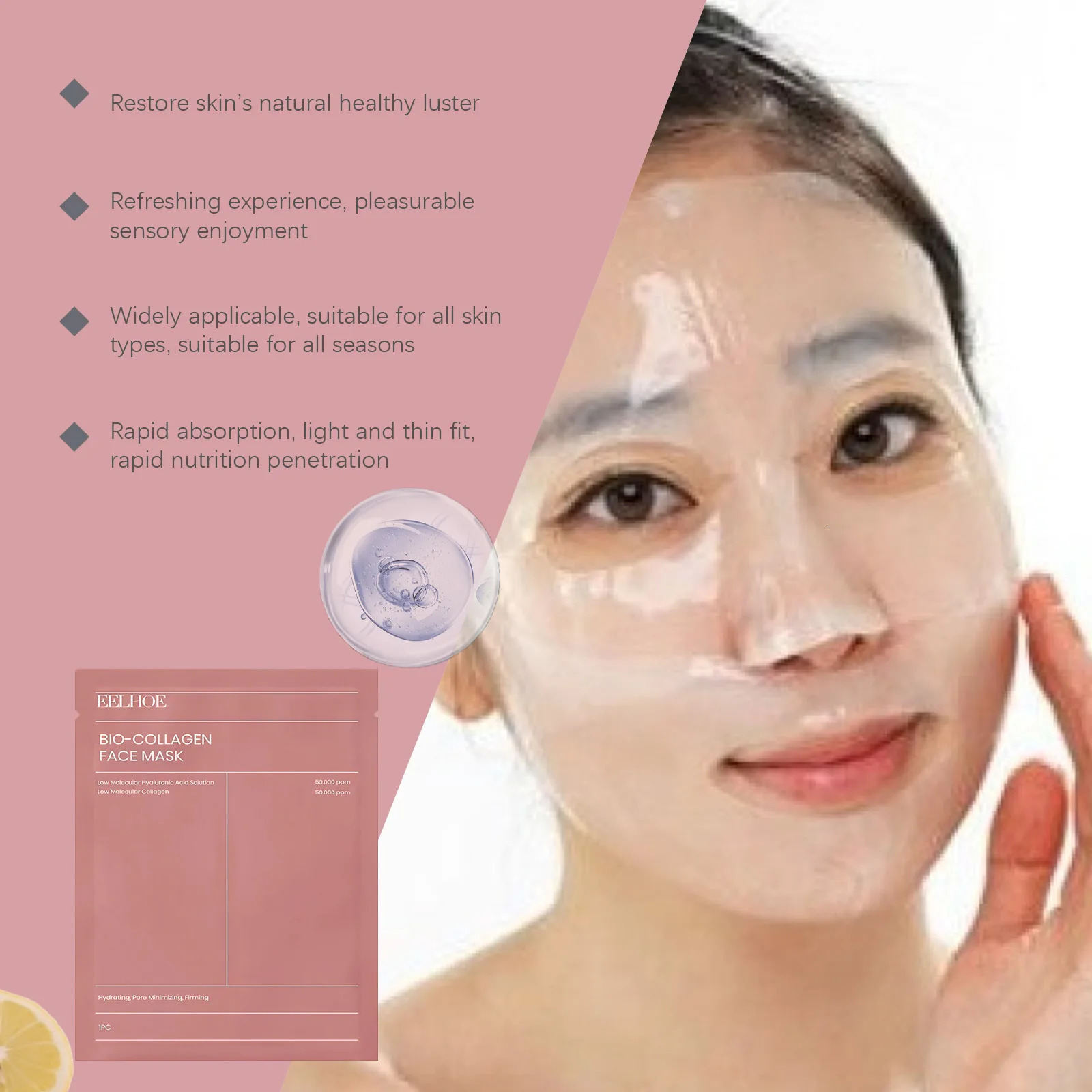 Eelhoe 4pcs Bio Collagen Face Mask Shrink Pores Deep Hydrating Rejuvenation Face Refreshing Brightening Facial Skin Care Mask 250113