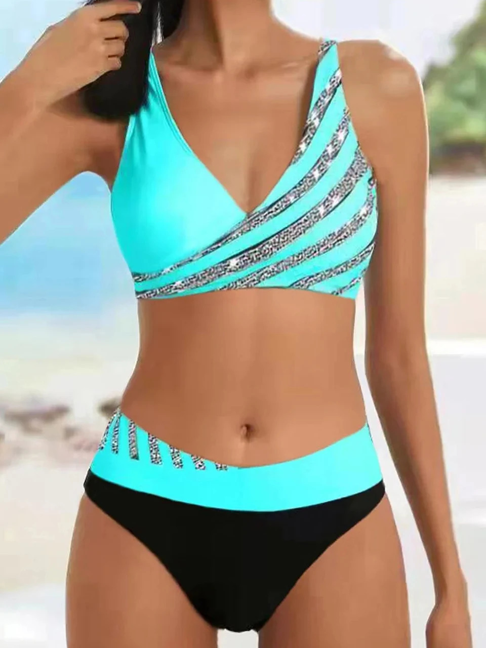 V Neck Bikini Set 2024 Women Stripe Print Patchwork Swimwear Summer Beachwear Swimsuit Female Bathers Bathing Swimming Suit 2XL 250210