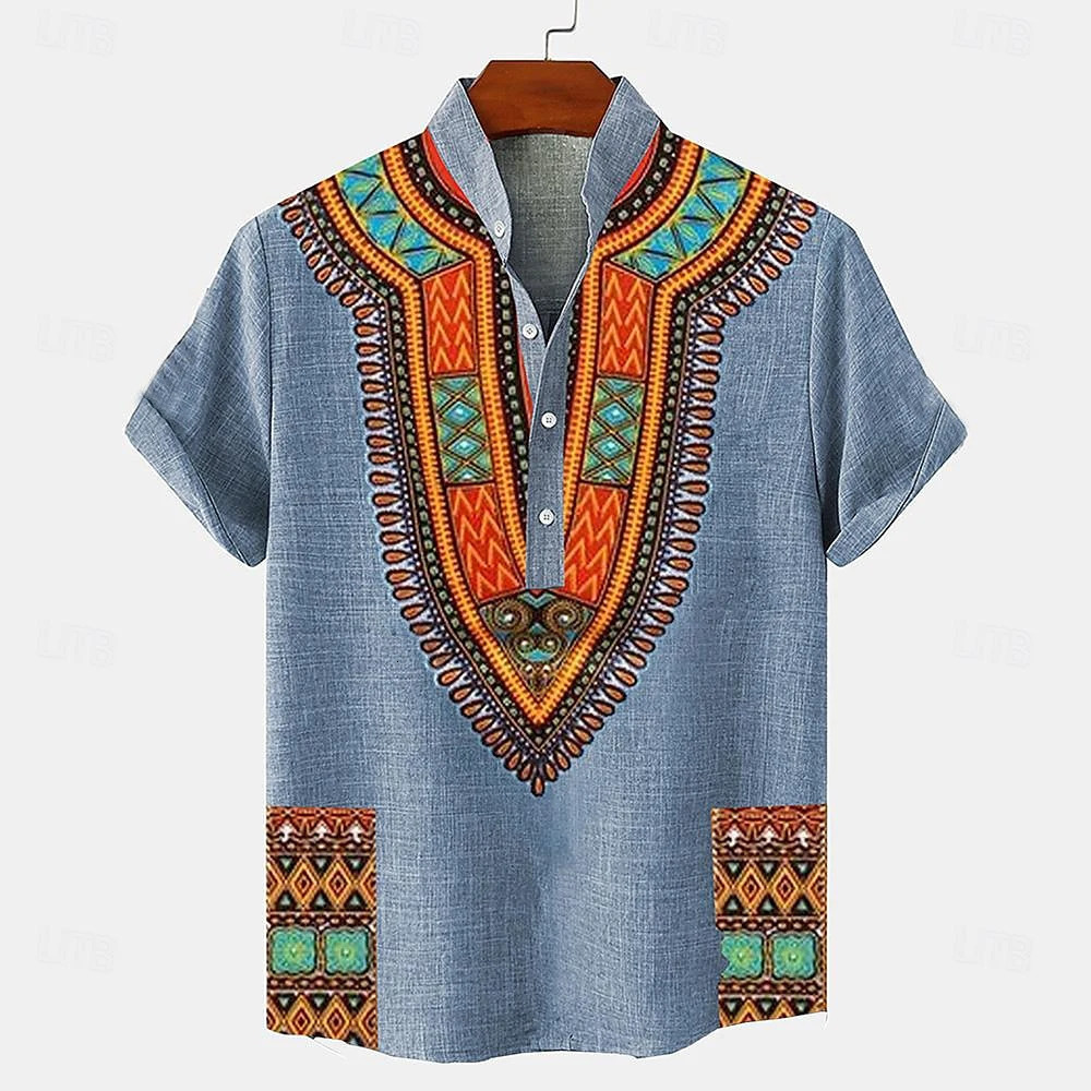 Mens Tops Pullover Linen Mens Tribal Totem Short Sleeve Shirt Half Cardigan Button Stand Collar Shirt Linen Mens Tops 250211