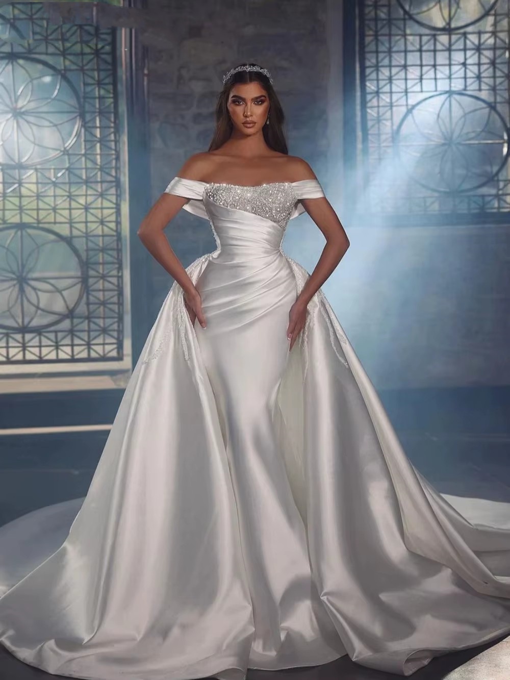 Simple Mermaid Wedding Dress Off Shoulder Sleeveless Bridal Gowns Sequins Pearls Detachable Train Dresses Custom Made vestidos de novia