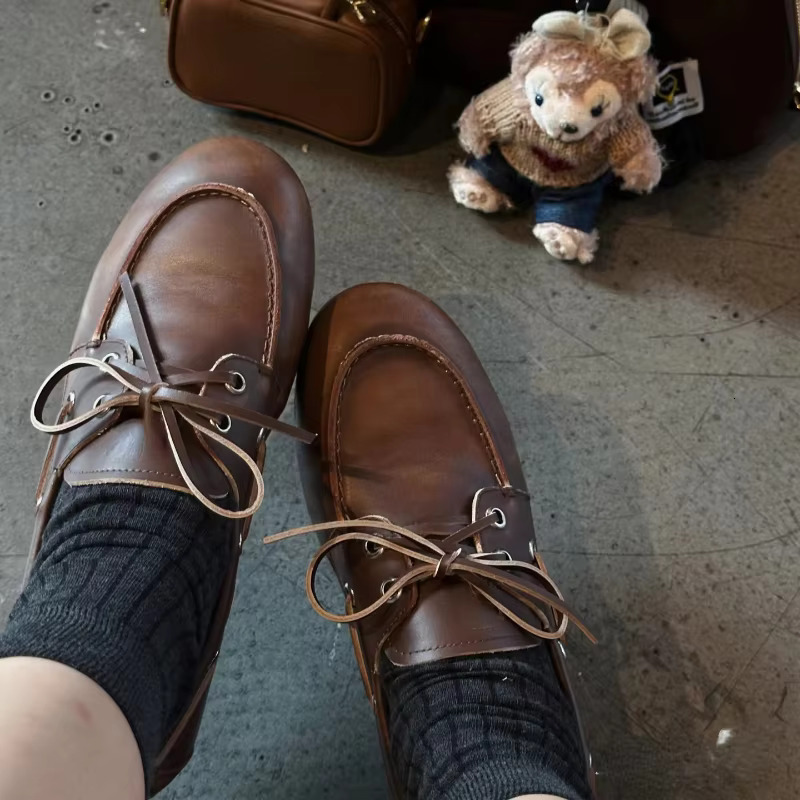 2024 Autumn And Winter New Bow Shallow Mouth Saig Women's Casual Retro Brown Lace-Up Loafers Flat Shoes 250221