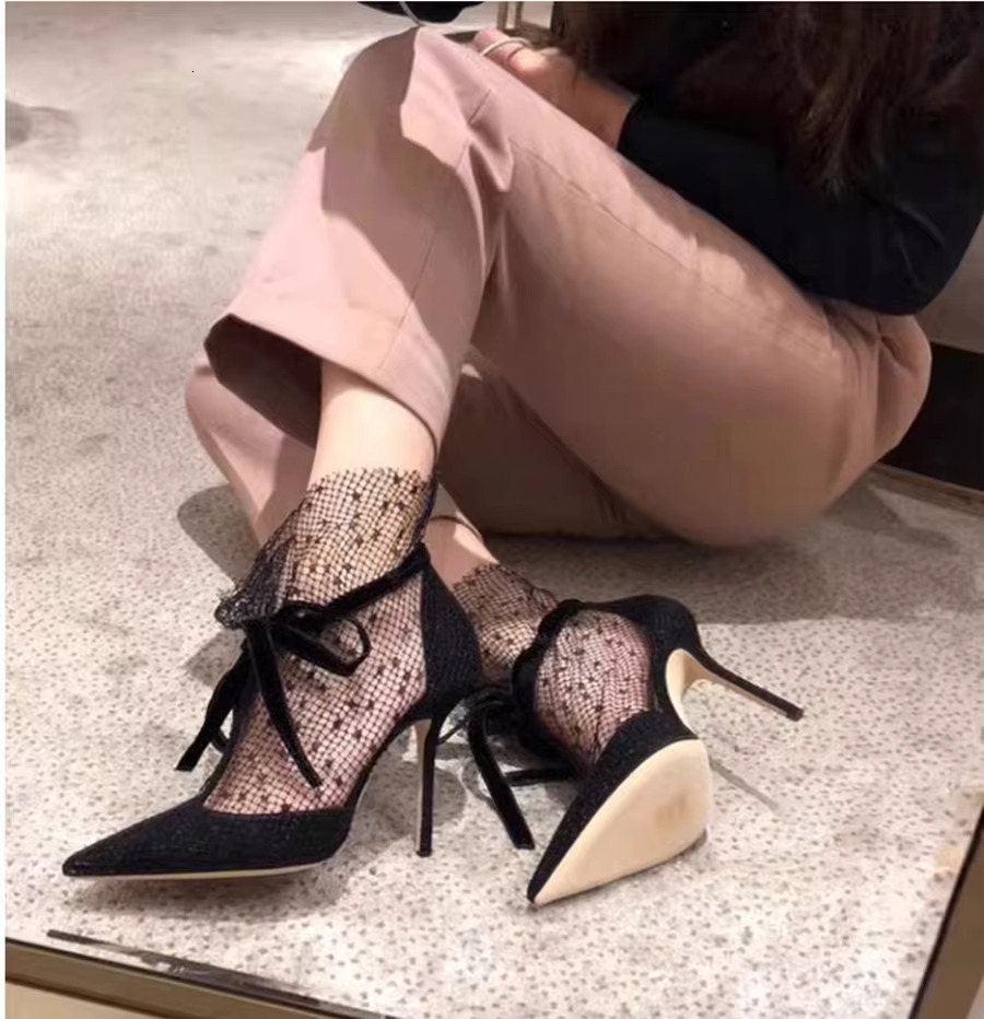 French Lace High Slim Heels Sexy Pointed Temperament Single Shoes Women's Spring and Summer Breathable Mesh Cool Boots