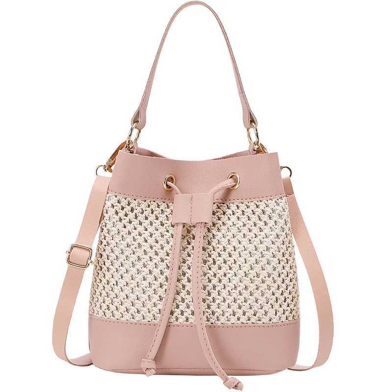 Large bucket bag womens handbag mesh Drstring portable beach handbag round leather handbag Sac A Mains womens handbagXJ250412