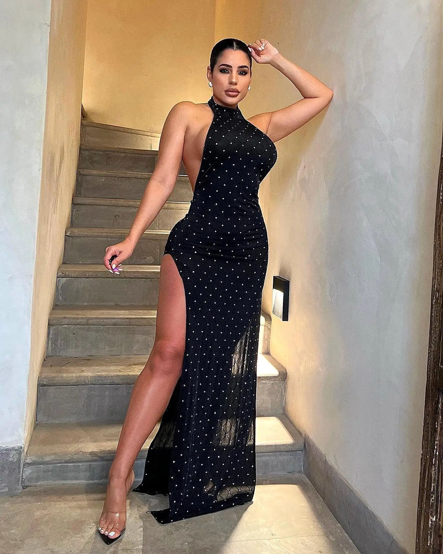 Womens Sexy Halter Backless High Split Maxi Long Dresses Party See Through Glitter Mesh Black Clubwear Dress 250210Z