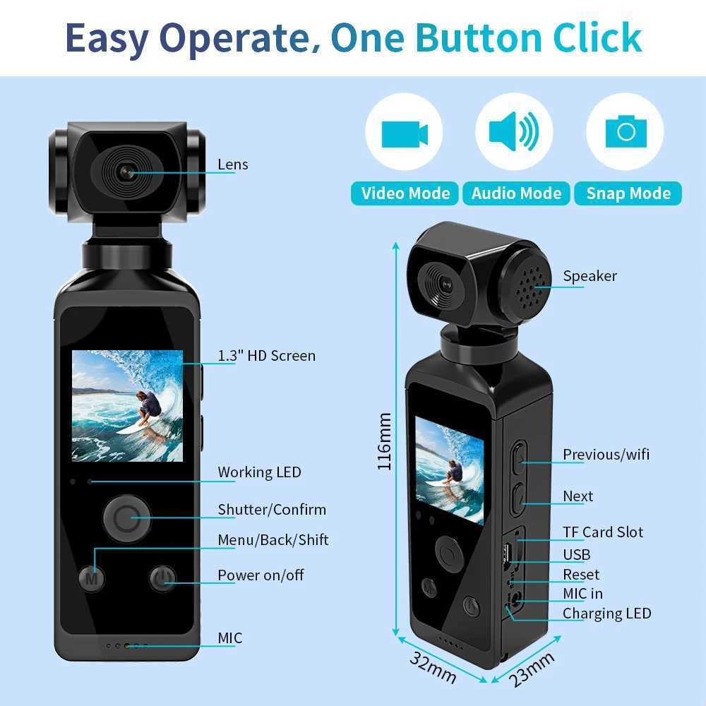 4K 1080P Pocket Camera HD Camera 1.3-inch LCD Screen 270 Rotating Wifi Mini Sports Camera with Waterproof Case Sports Camera X250210