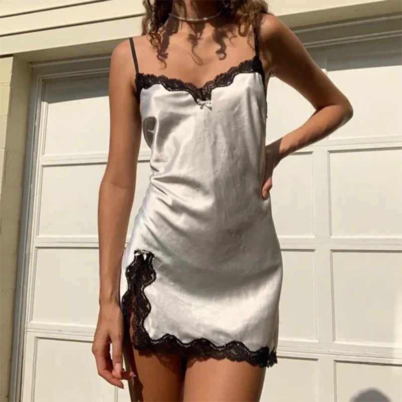 Sexy womens dress lace Harajuku fashion solid color Y2K slit short skirt cute emo girl comfortable satin aesthetic suspender 250210