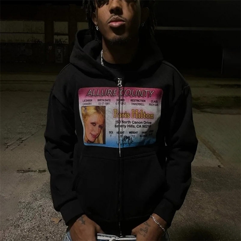 Y2K Zip up Hoodie Harajuku Graphic Print Fashion Men Clothes American Style Hooded Sweatshirt Loose Streetwear Gothic Unisex Top 250115