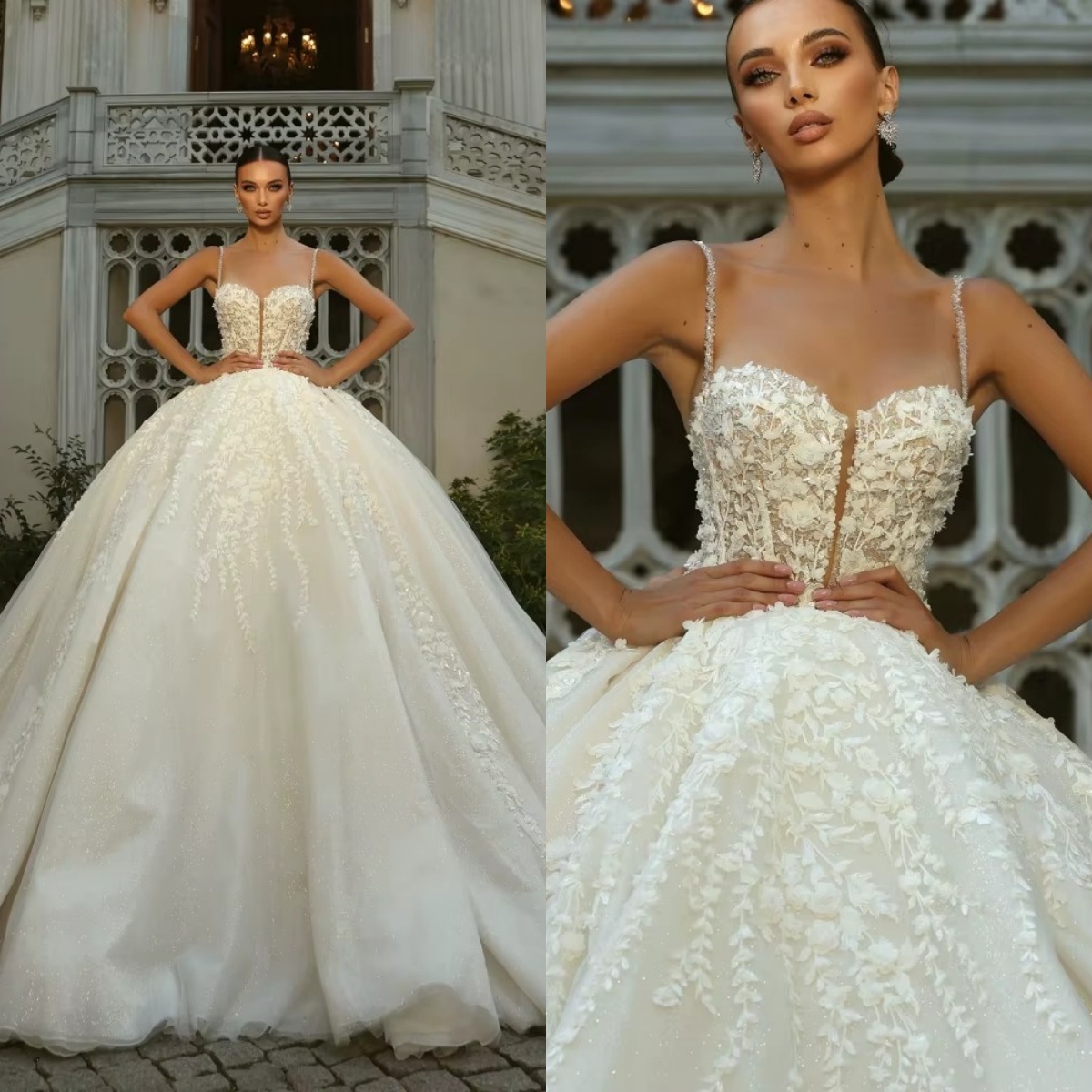 Ball Gown Wedding Dress For Women Sweetheart Neck Spaghetti Straps Bridal Gowns 3D Appliques Sweep Train Dresses Custom Made vestidos de novia