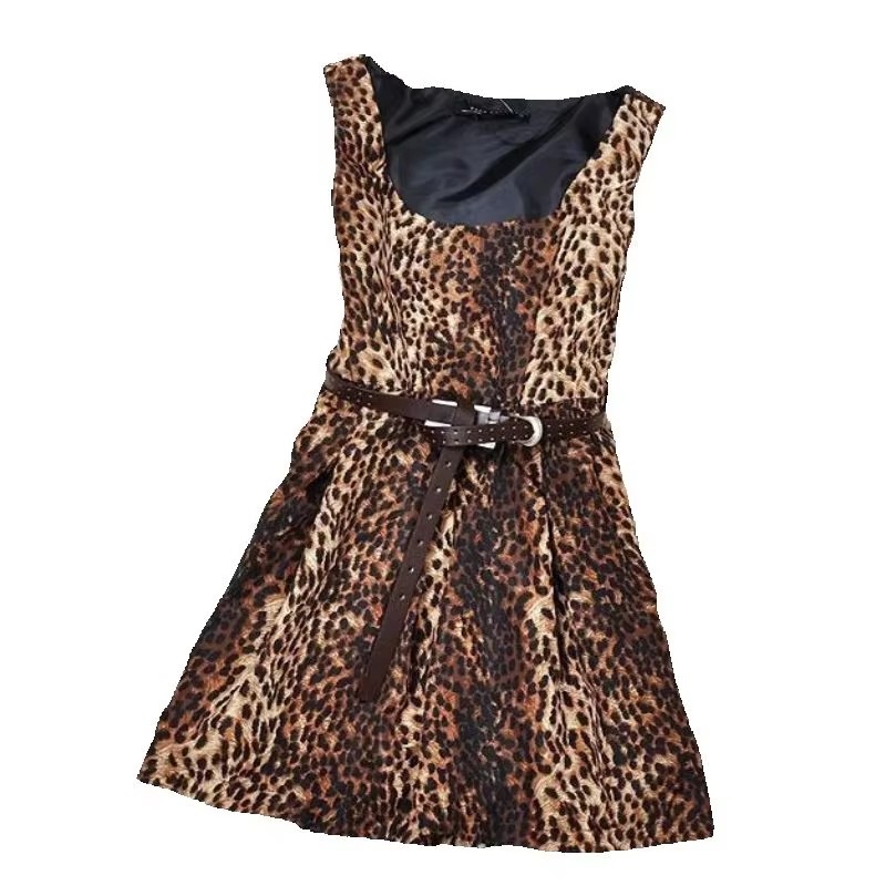 Summer Leopard Grain Dress Women Slim Printing Sleeveless Sexy Dress No Belt S M L