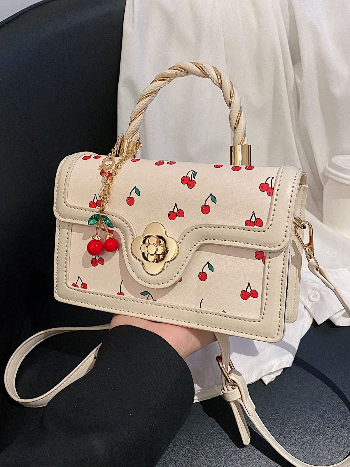 Foreign trade 2025 new lovely cherry print crossbody bag twist hand-held small square bag color contrast design small bag woman