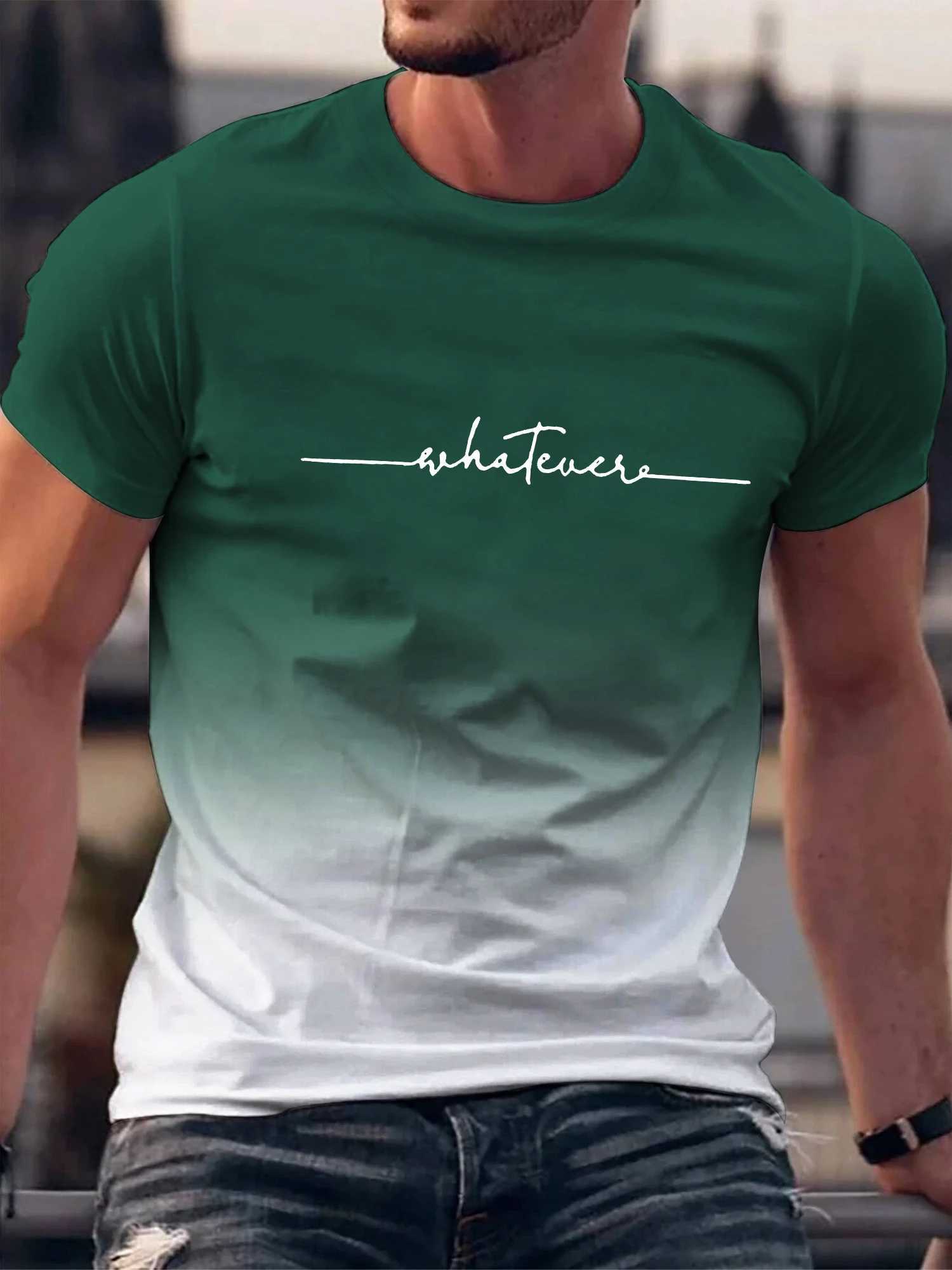 Summer Outing Whatever Print Gradient Crew Neck T-shirt For Men Trendy Casual Short Sleeve Top Mens Tee ropa de hombreXJ250211