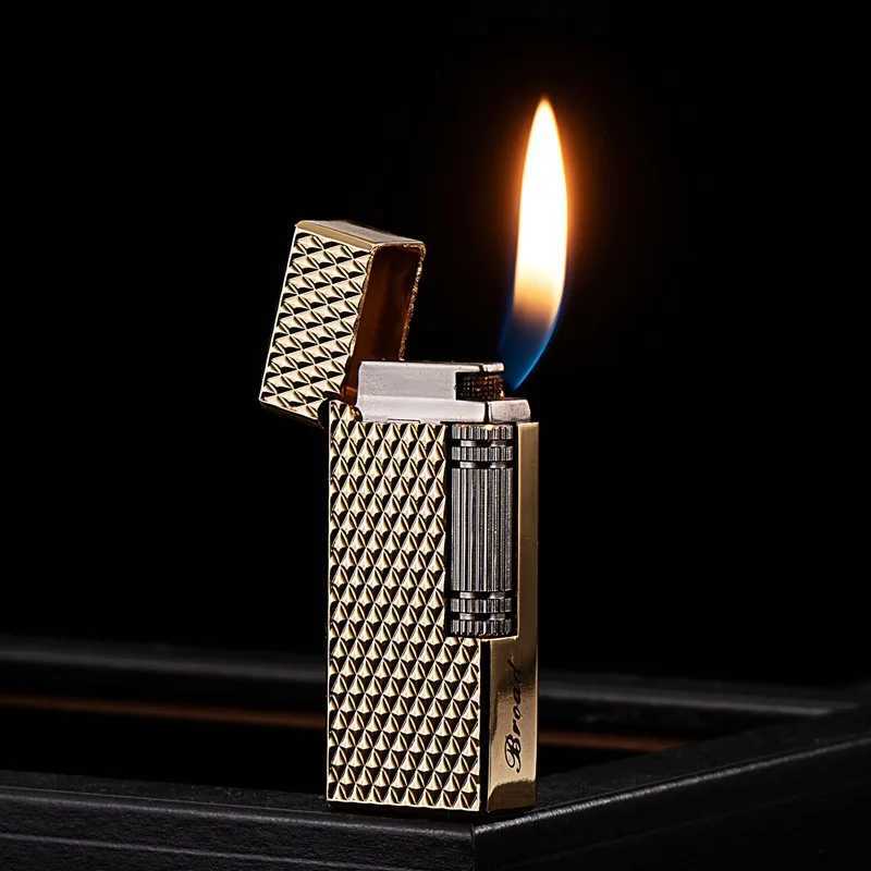 New Grinding Wheel Side Slide Tilt Flame Butane Gas Lighter High Quality Metal Embossed Open Flame Lighter Cigarette Accessories Y250210
