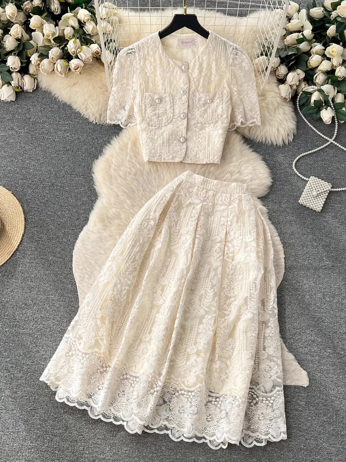 Small Fragrant Embroidery Flower Two Piece Set Women Short Sleeve Pearls Buttons Pocket Lace Mesh Crop Top Midi Skirts Suit 250211