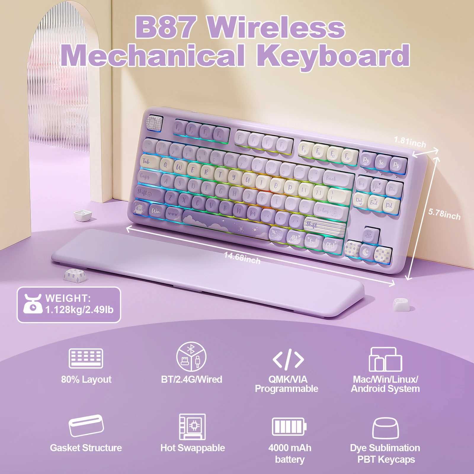 Keyboards YUNZII B87 Purple Mechanical Gaming Keyboard Wireless Custom QMK/VIA Gasket Keyboard with Cute Keycap Wrist Rest for Win/Mac S25210