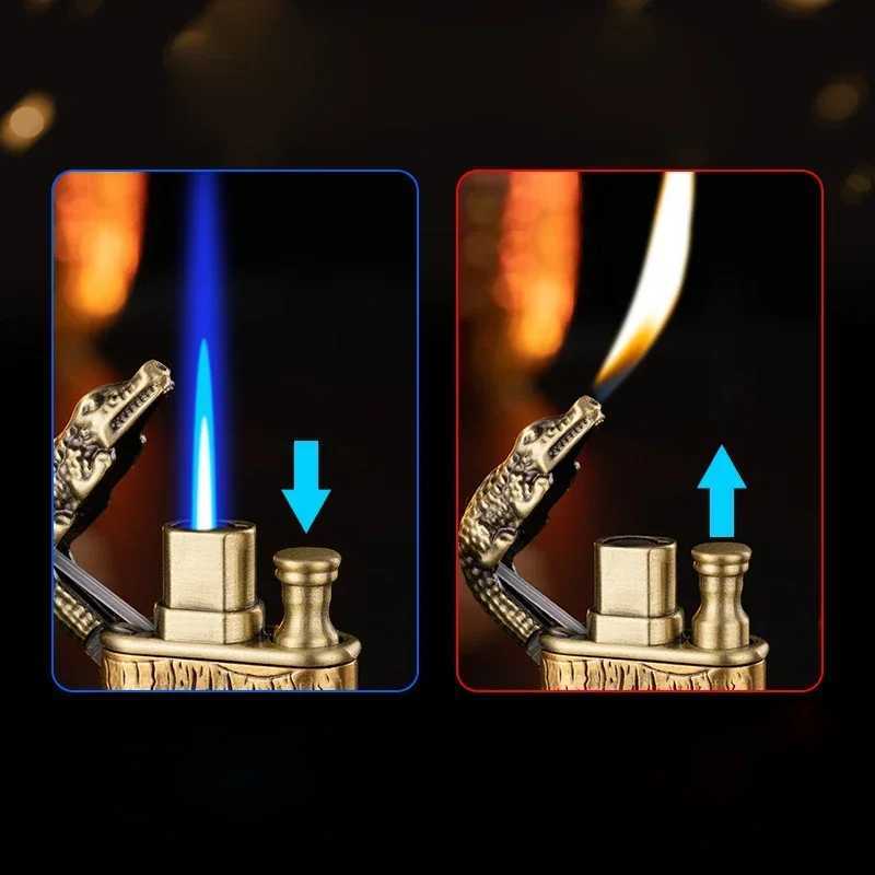 2024 3D Dragon Crocodile Double Fire Lighter Metal Windproof Spitfire Open Flame Conversion Gas Lighter Smoking Mens Gift Y250210