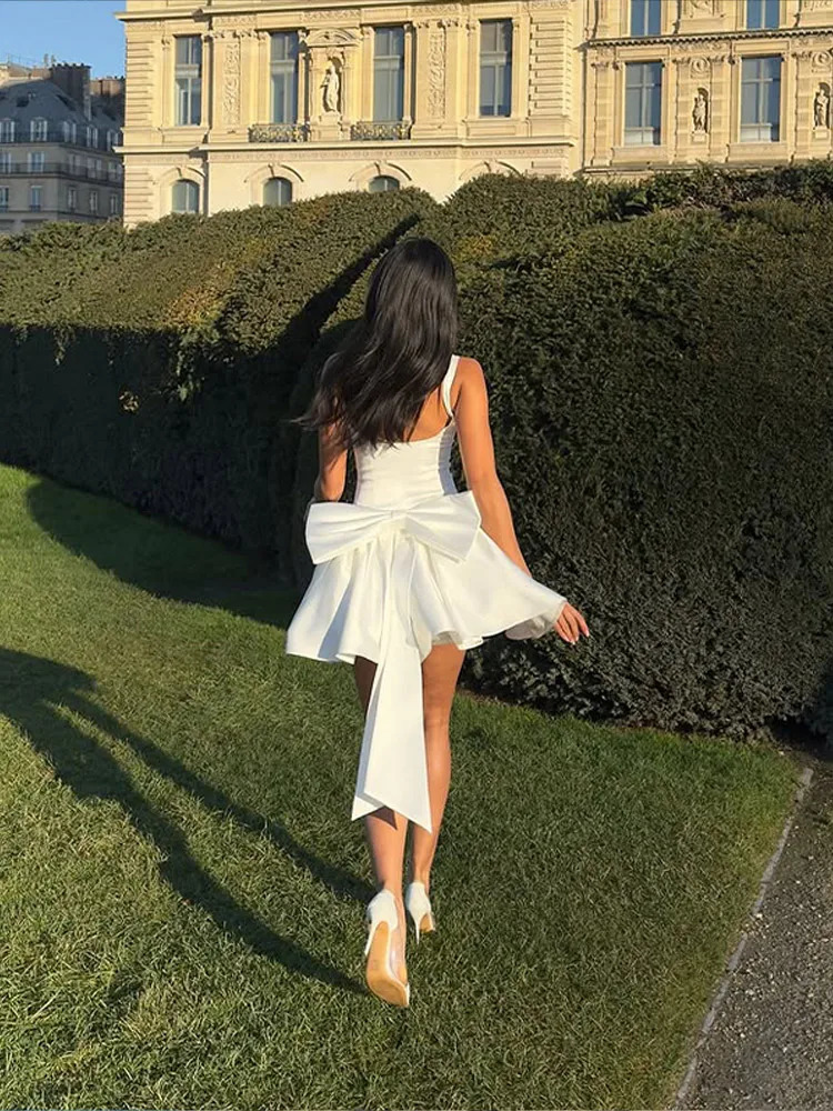 Elegant 3d Bow Backless White Mini Dress For Women Fashion Sling A-line Pleated Vestidos 2025 Spring Lady Party Evening Gown 250210