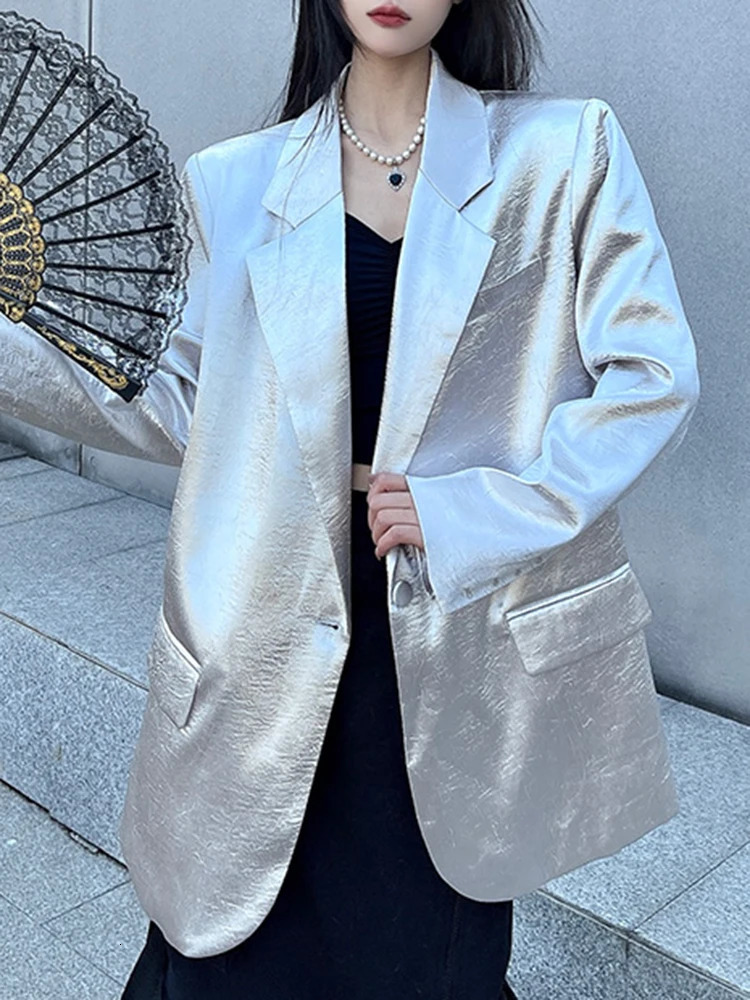 EAM Women Silver Big Size Glossy Sensation Blazer Lapel Long Sleeve Loose Jacket Fashion Spring Autumn 31A0901 250106