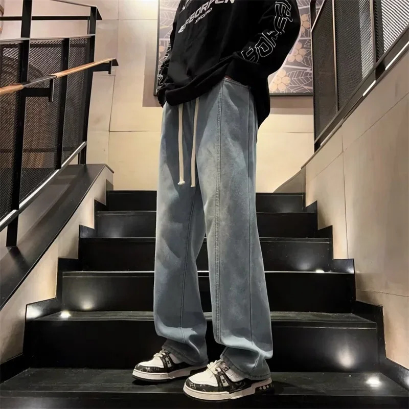 Autumn Drawstring Baggy Y2K Jeans For Men High Street Straight Wideleg Denim Trousers Vintage Washed Jean Hombre Pantalones w250210