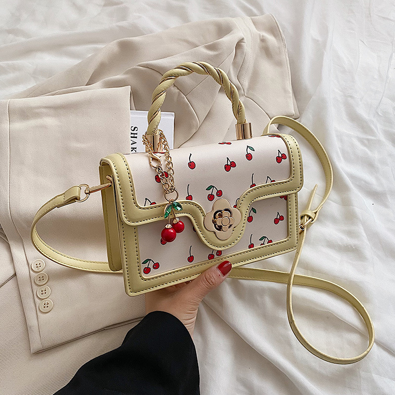 Foreign trade 2025 new lovely cherry print crossbody bag twist hand-held small square bag color contrast design small bag woman