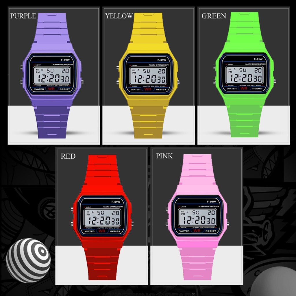 F91W Colorful LED Digital Watch for Men Women Silicone Strap Wristwatches for Couple Sports Square Wrist Band Clock Ladies Gift