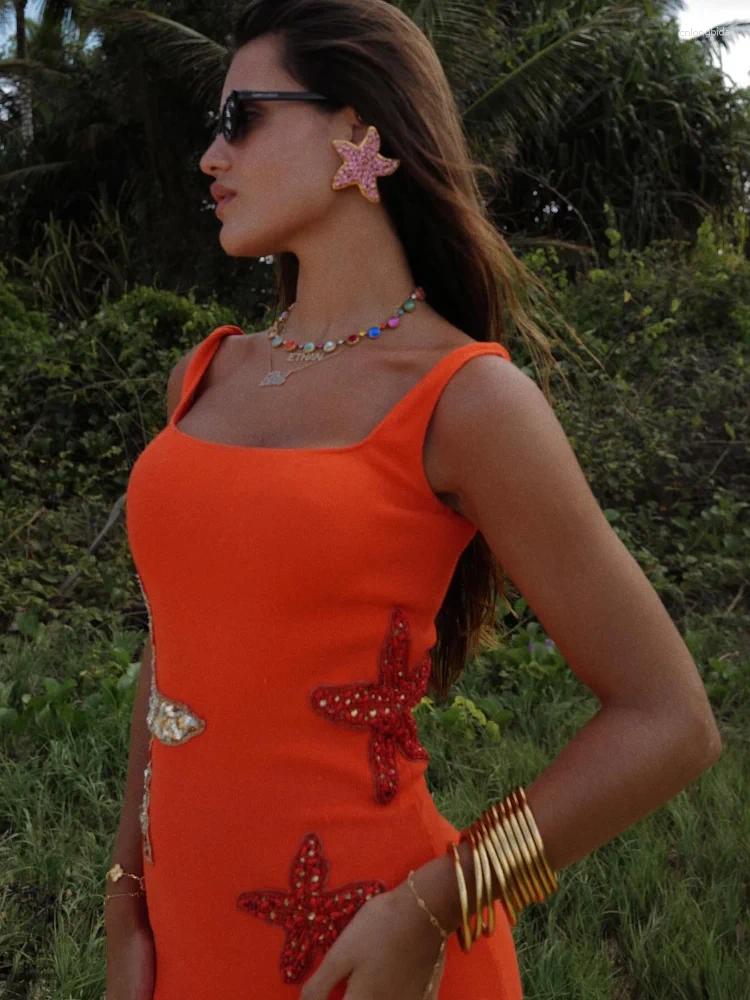 Casual Dresses Sexy Orange Sequin Star Decor Mini Dress Women Fashion Backless Sleeveless Slim Vestidos Summer Lady Beach Party
