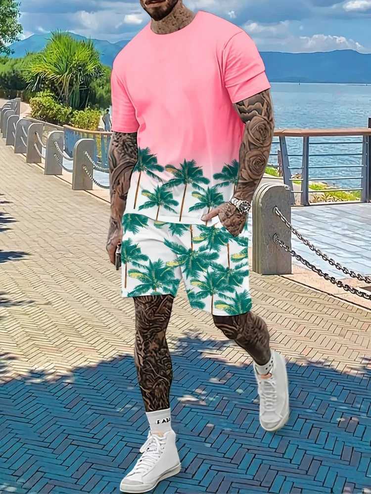 Mens 2 Piece Outfits Graphic Print Round Neck Short Sleeve T-Shirt And Drawstring Shorts Set Casual Everyday Summer Mens Set W250211