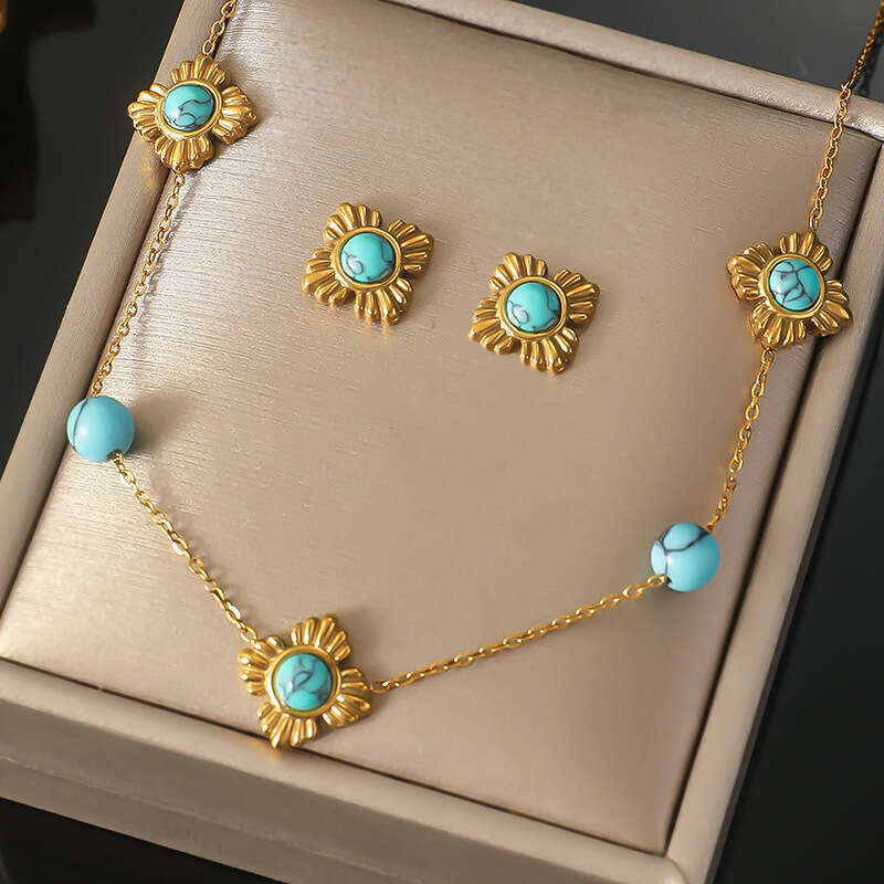 Personalized trend new Chinese style four petal wer inlaid with turquoise accessories three piece necklace earrings bracelet stainless steel set