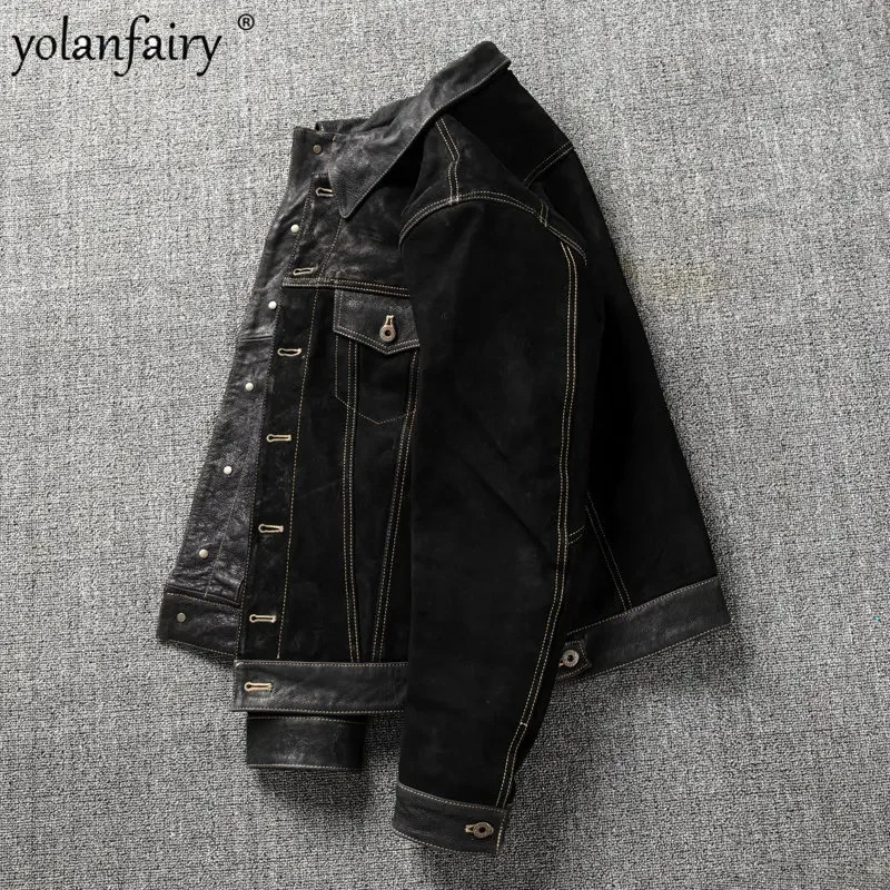 Mens Sheepskin Suede Leather Jacket for Man Slim Fashion Lapel Leather Clothes Men Clothing Short Spring Veste Cuire Homme 250211