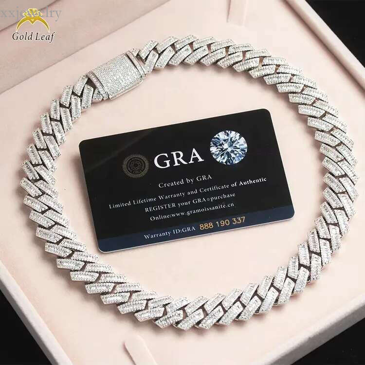 Iced-Out Gold Leaf 16mm Sterling Silver Cuban Link Hip Hop Necklace with Baguette Moissanite