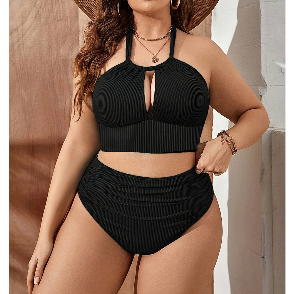 2pcs Chic Plus Size Bikini Women Halter Neck Swimsuit Black Hollow Out Bra with Keyhole Stretchy High Waist Panty Ribbed Swimwear Large Size Bikinis B