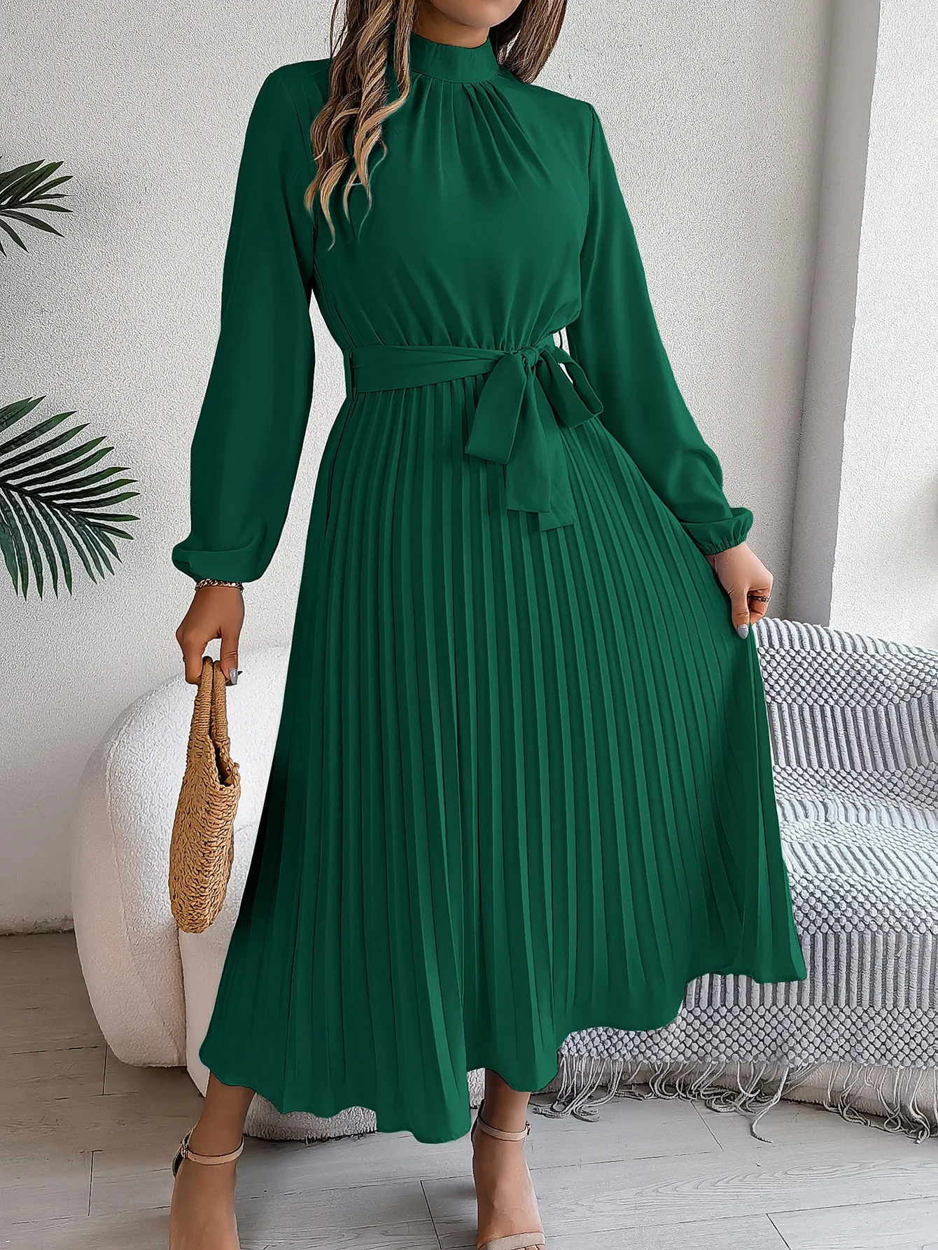 Elegant Womens Solid Color Pleated Lace Up Autumn And Winter Dresses Fashionable Standing Collar Long Sleeved Dress 250211