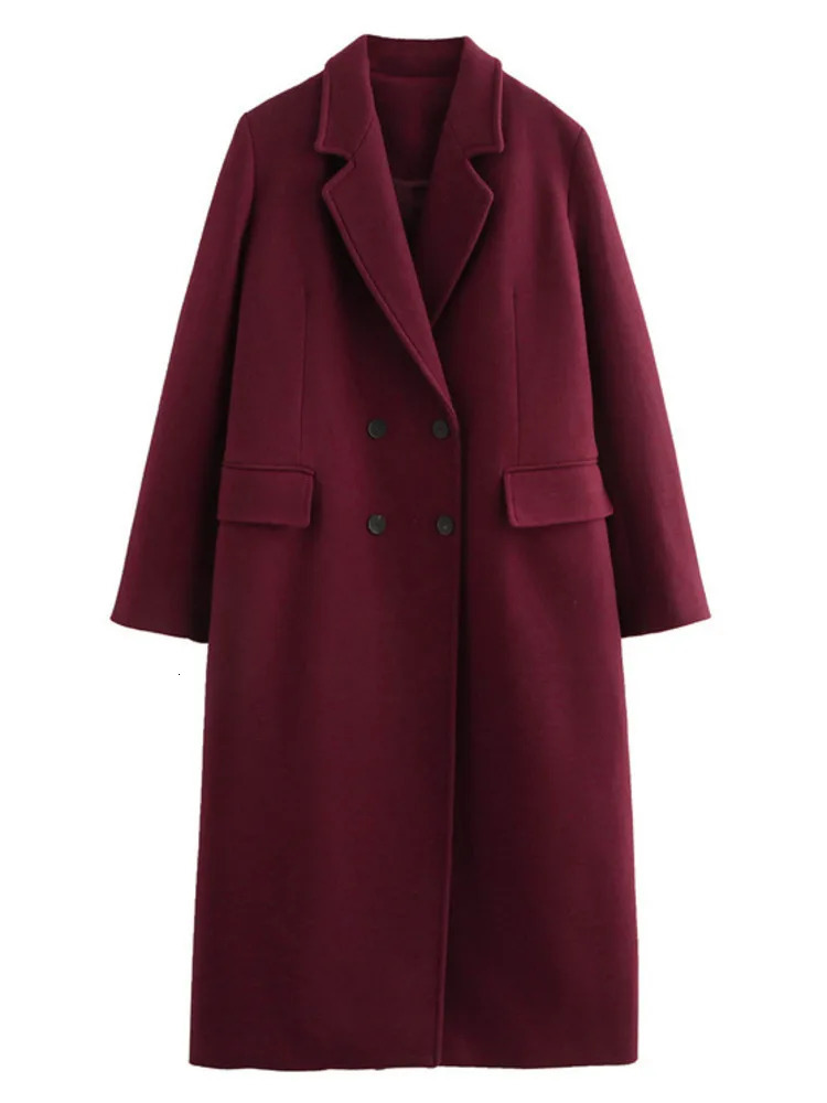 EAM Wine Big Size Casual Woolen Coat Lapel Long Sleeve Double Breasted Women Jacket Fashion Autumn Winter2024 30A2587 250109Z