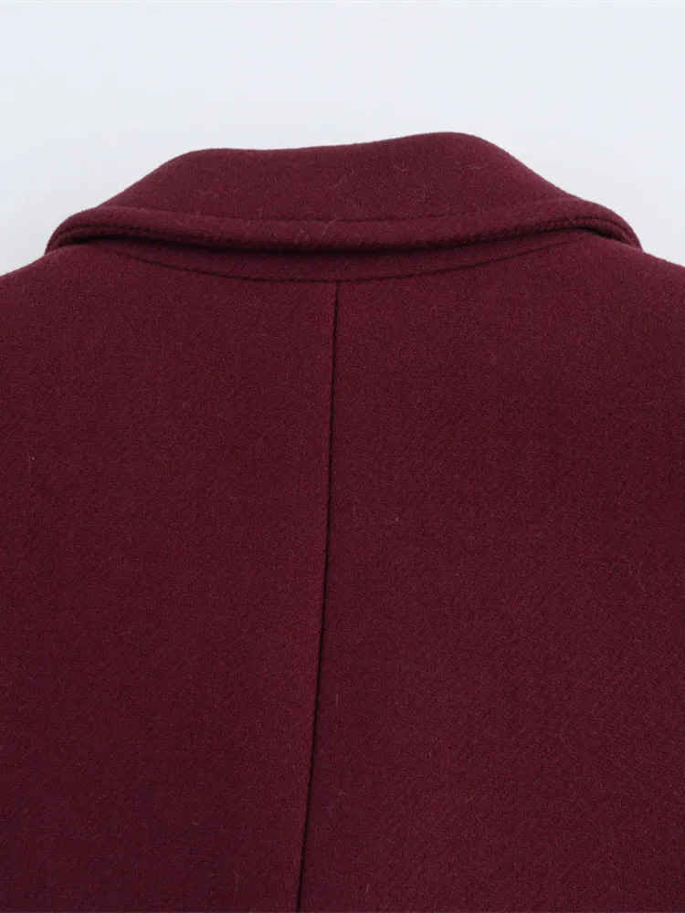 EAM Wine Big Size Casual Woolen Coat Lapel Long Sleeve Double Breasted Women Jacket Fashion Autumn Winter2024 30A2587 250109Z